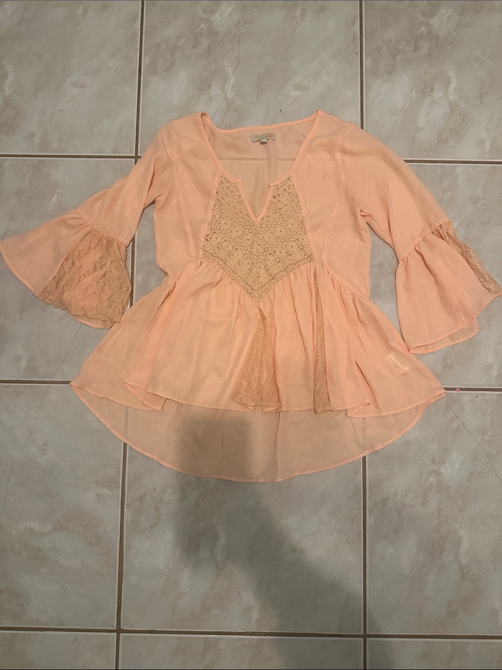 Peach Lace-Panel Peplum Blouse - Women